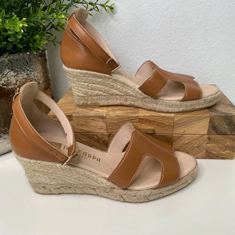 La Scarpa Paris Espadrille Wedge Sandals‎ Ankle Strap Open Toe Tan Leather EU 37